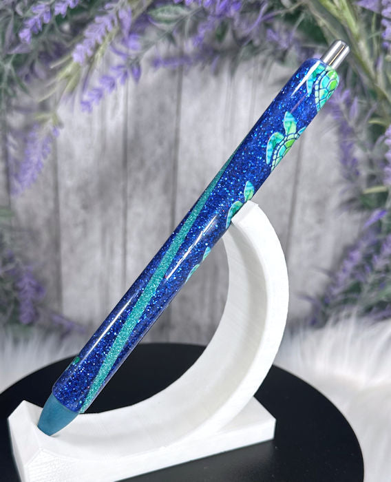Handmade Sea Turtles on blue glitter pen with free refill