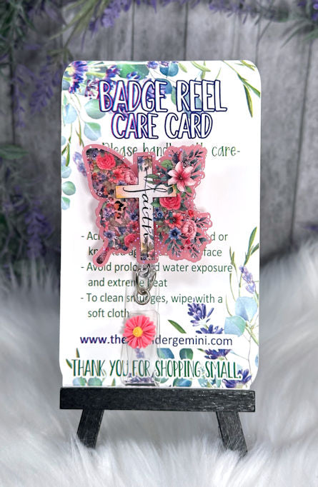 Handmade Faith Pink Butterfly Badge Reel