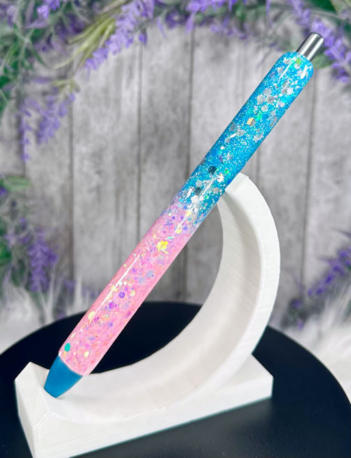 Handmade Ombre Aqua Blue and Pink Chunky glitter pen with free refill