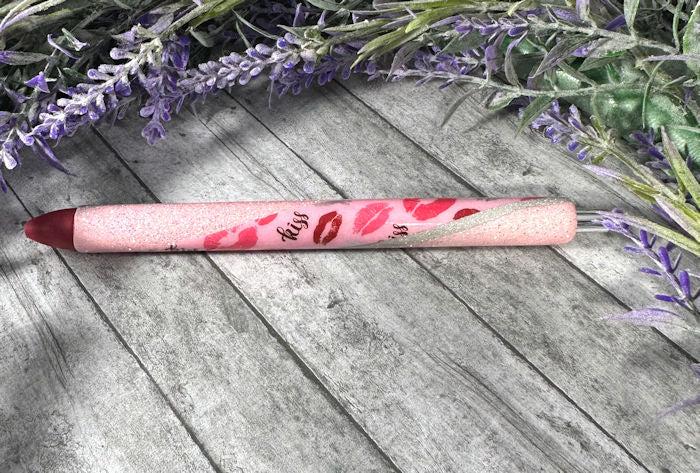 Handmade Valentines Day kisses washi tape on pink glitter pen with free refill