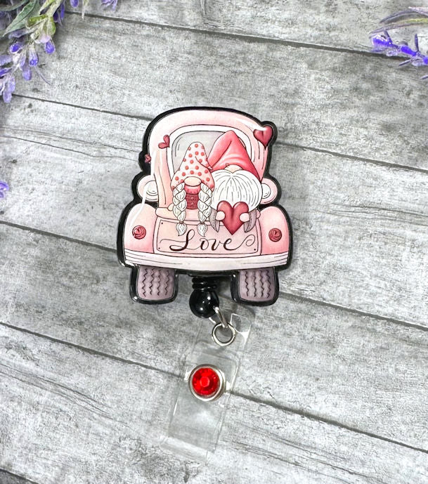 Handmade Valentines Gnomes in Pink Truck Badge Reel