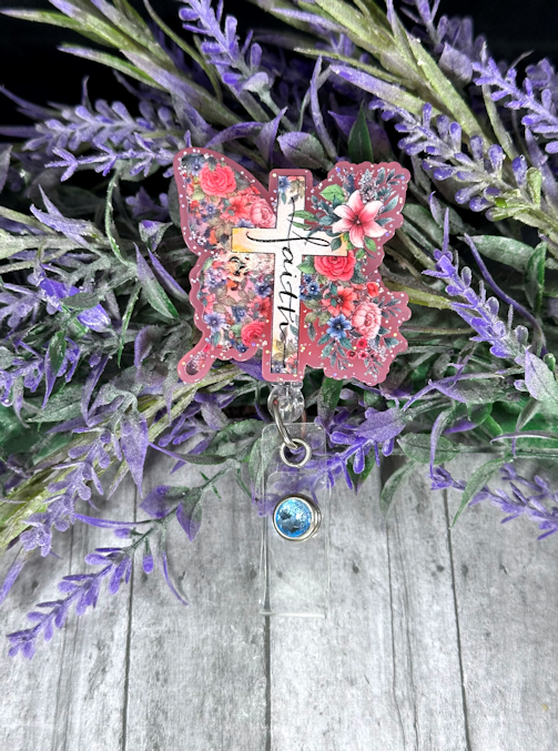 Handmade Faith Pink Butterfly Badge Reel 2