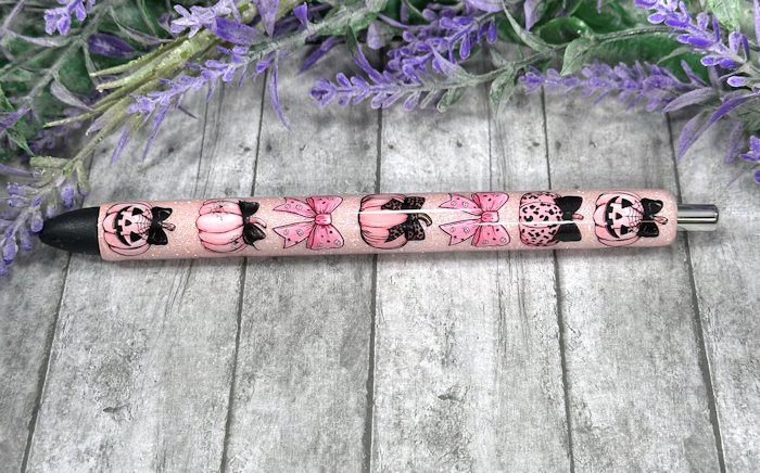 Handmade Halloween Pumpkins on pink glitter pen with free refill