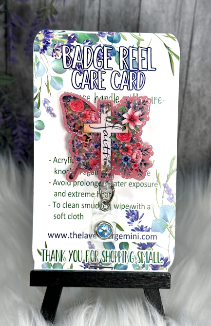 Handmade Faith Pink Butterfly Badge Reel 2