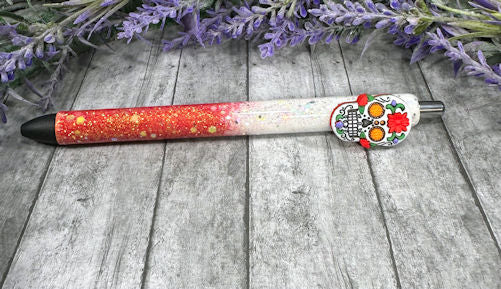 Handmade Orange Sugar Skull glitter pen with free refills