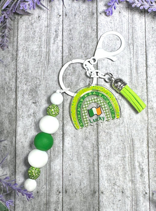 Handmade Beaded St Patricks Irish Keychain With Clip and Keyring