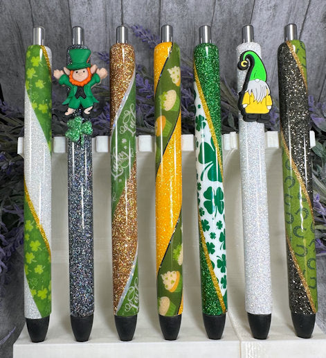 Handmade St Patricks Gnome on white glitter pen with free refill