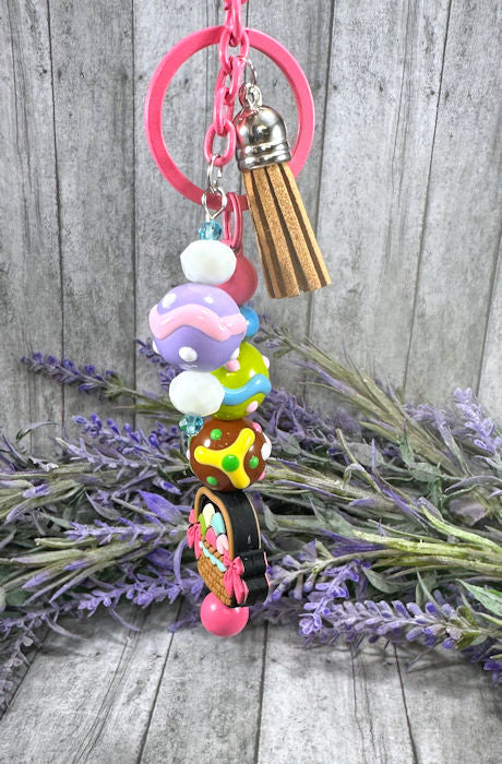 Handmade Beaded Easter basket Keychain With Clip and Keyring