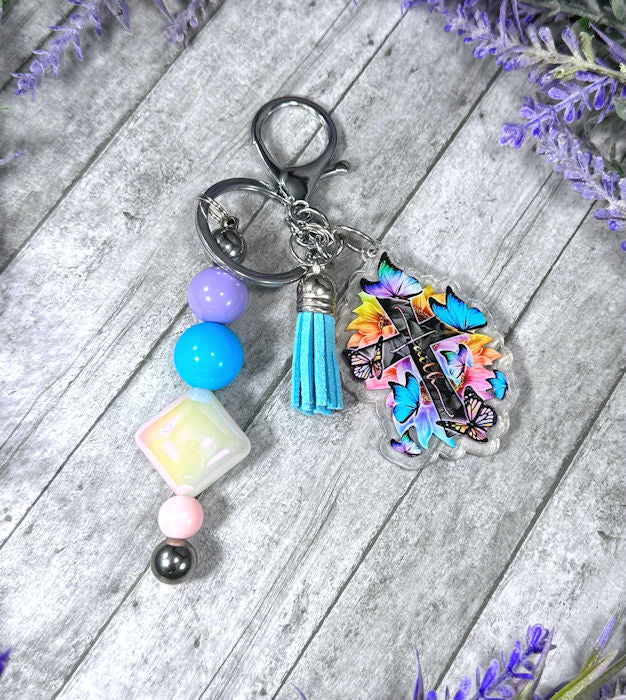 Handmade Beaded Multi Color Christian Faith  Easter Keychain With Clip and Keyring