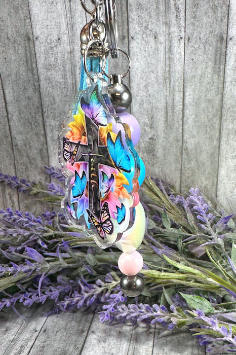 Handmade Beaded Multi Color Christian Faith  Easter Keychain With Clip and Keyring