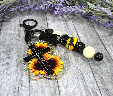 Handmade Beaded Sunflower Christian Faith  Easter Keychain With Clip and Keyring