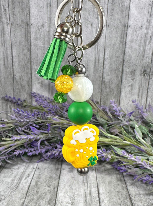 Handmade Beaded St Patricks Beer Keychain With Clip and Keyring