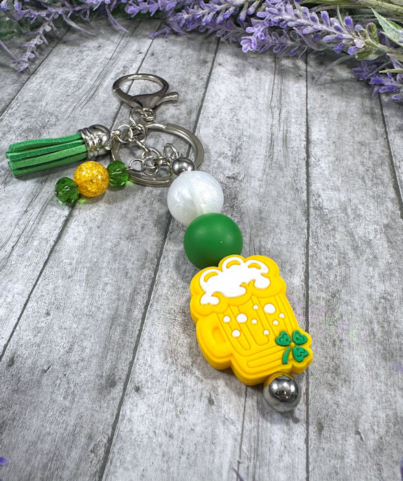 Handmade Beaded St Patricks Beer Keychain With Clip and Keyring