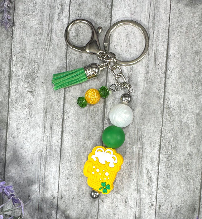 Handmade Beaded St Patricks Beer Keychain With Clip and Keyring