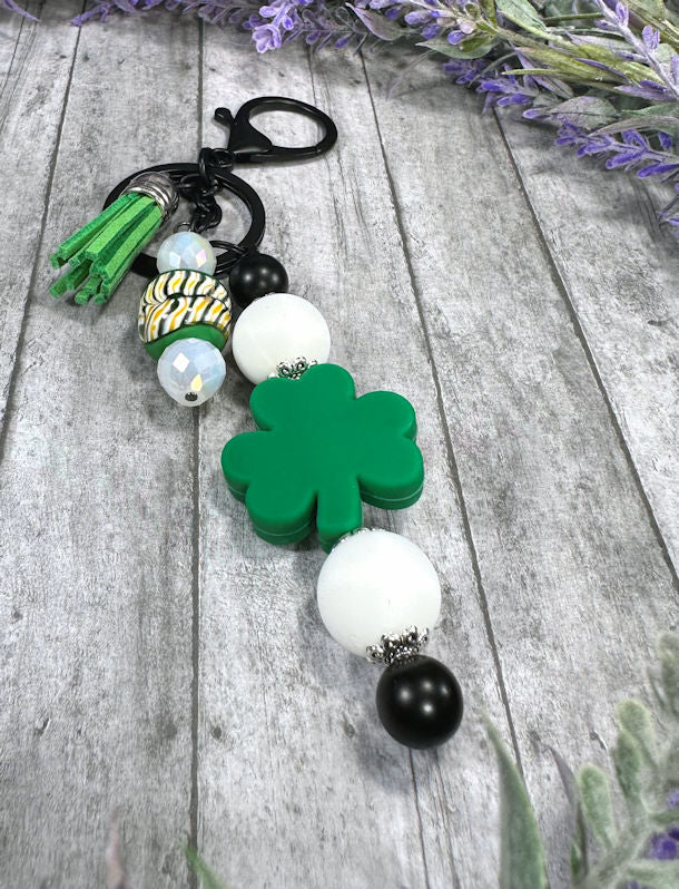 Handmade Beaded St Patricks Clover Keychain With Clip and Keyring