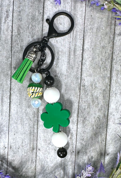 Handmade Beaded St Patricks Clover Keychain With Clip and Keyring