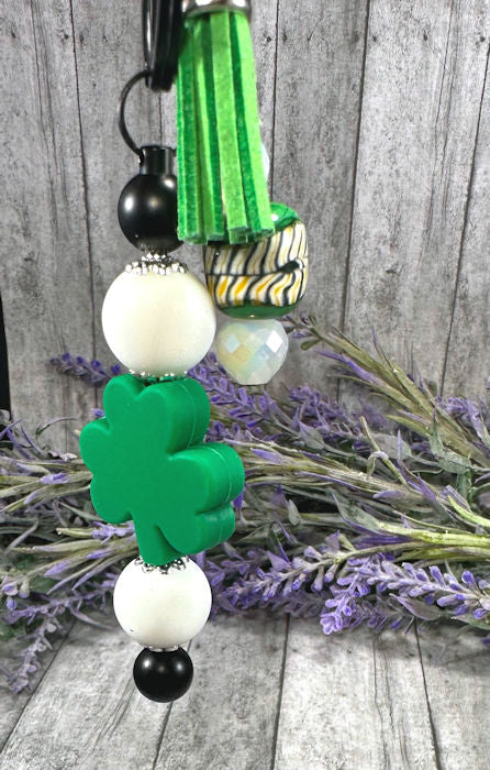 Handmade Beaded St Patricks Clover Keychain With Clip and Keyring