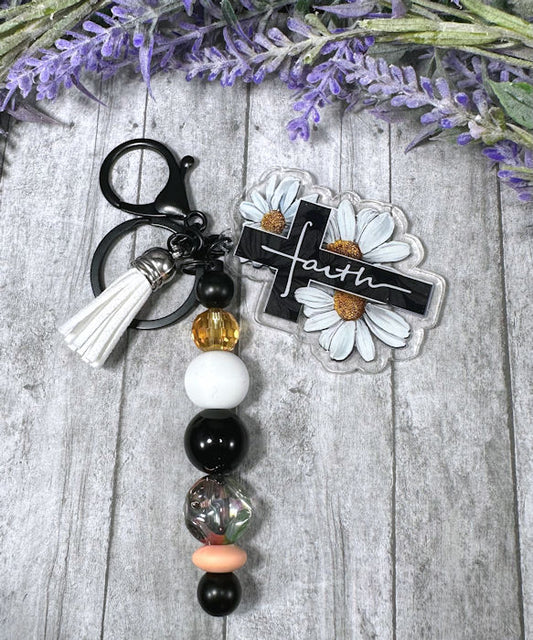 Handmade Beaded Daisies Christian Easter Faith  Keychain With Clip and Keyring