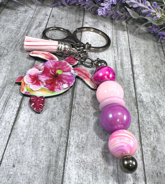 Handmade Beaded Pinks Sea Turtle Keychain With Clip and Keyring