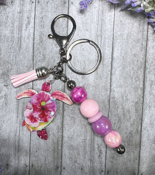 Handmade Beaded Pinks Sea Turtle Keychain With Clip and Keyring