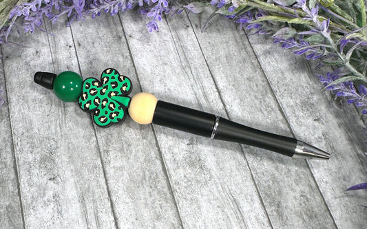 Handmade St Patricks Leopard Print Clover  Beaded Ballpoint with free refill