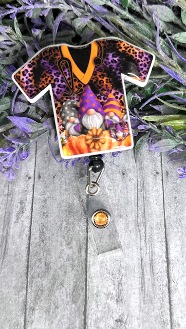 Handmade Halloween Gnomes Scrub top Badge Reel