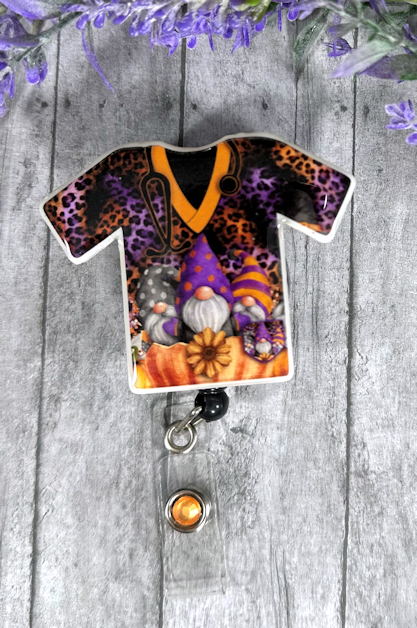 Handmade Halloween Gnomes Scrub top Badge Reel