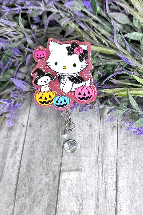 Handmade Halloween Hello Kitty Pink Badge Reel