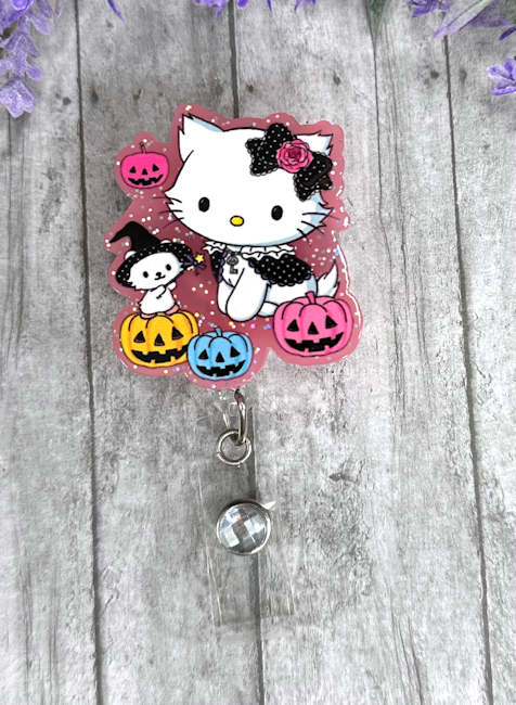 Handmade Halloween Hello Kitty Pink Badge Reel
