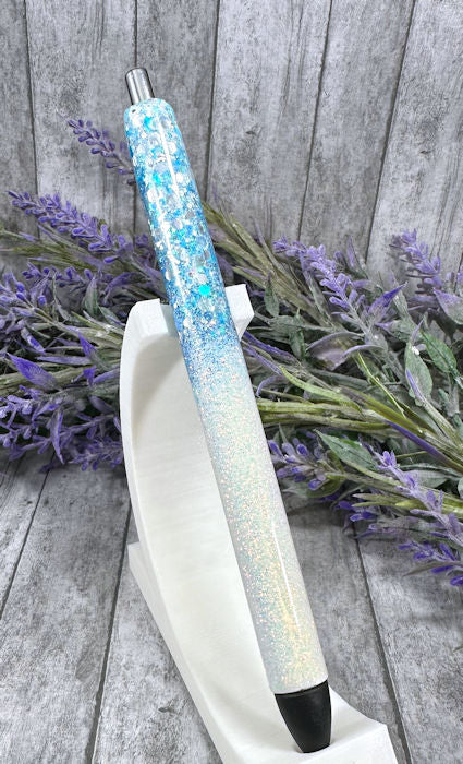 Handmade Aqua Blue and Holographic White Ombre glitter pen with free refill