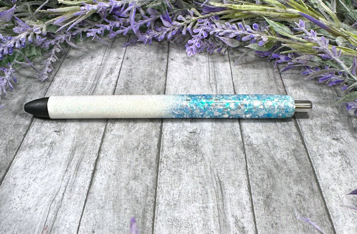 Handmade Aqua Blue and Holographic White Ombre glitter pen with free refill