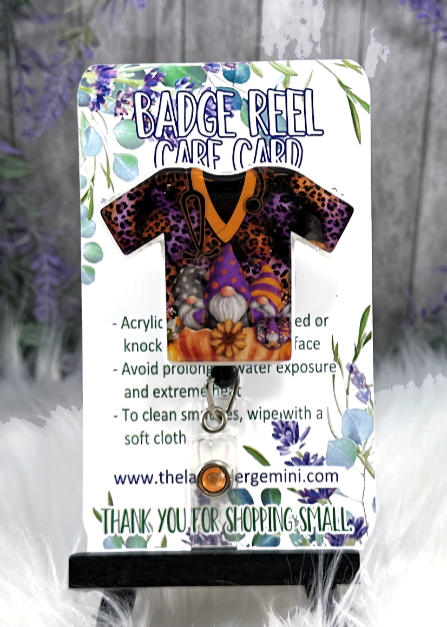 Handmade Halloween Gnomes Scrub top Badge Reel