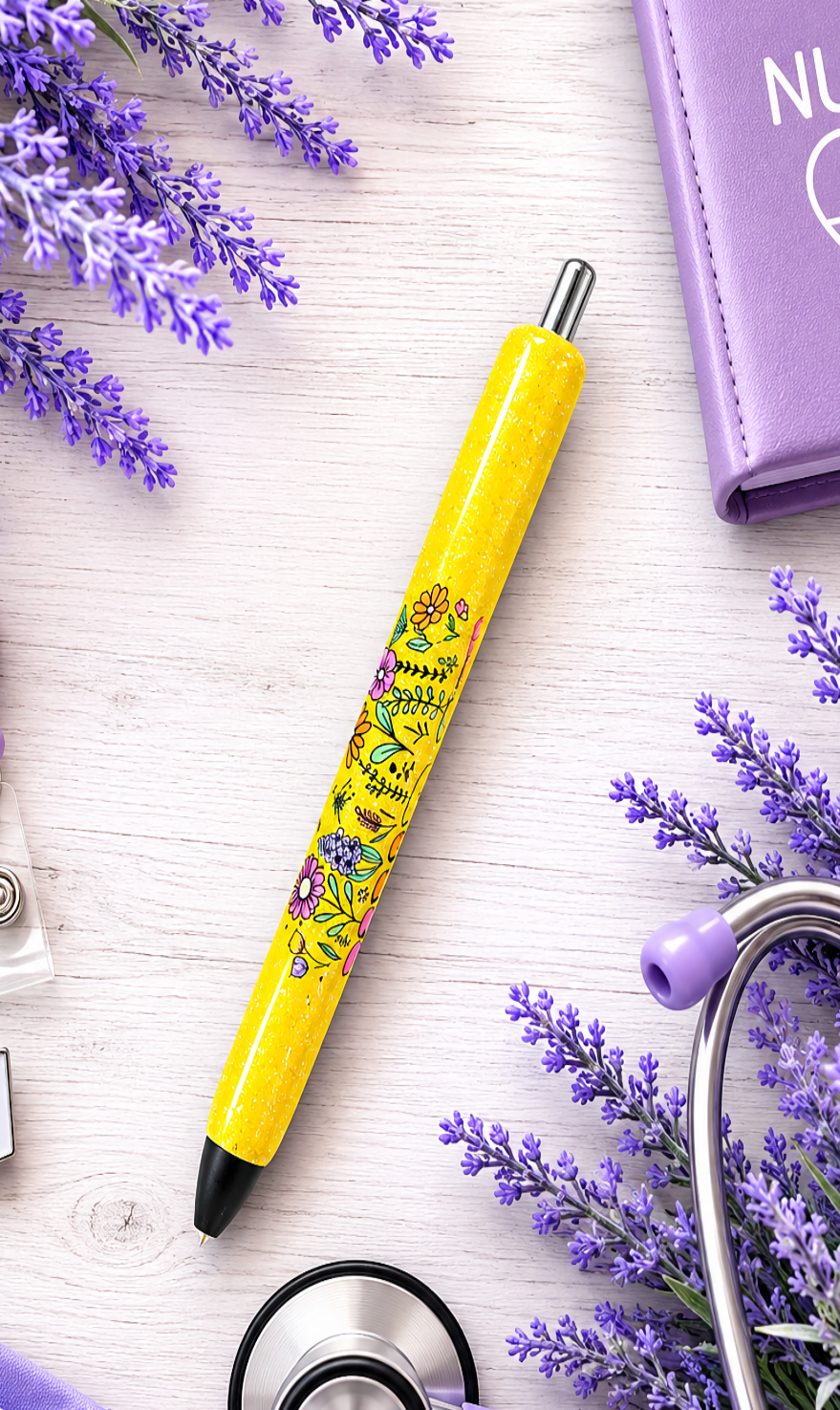 Handmade Nurse on yellow glitter pen with free refill
