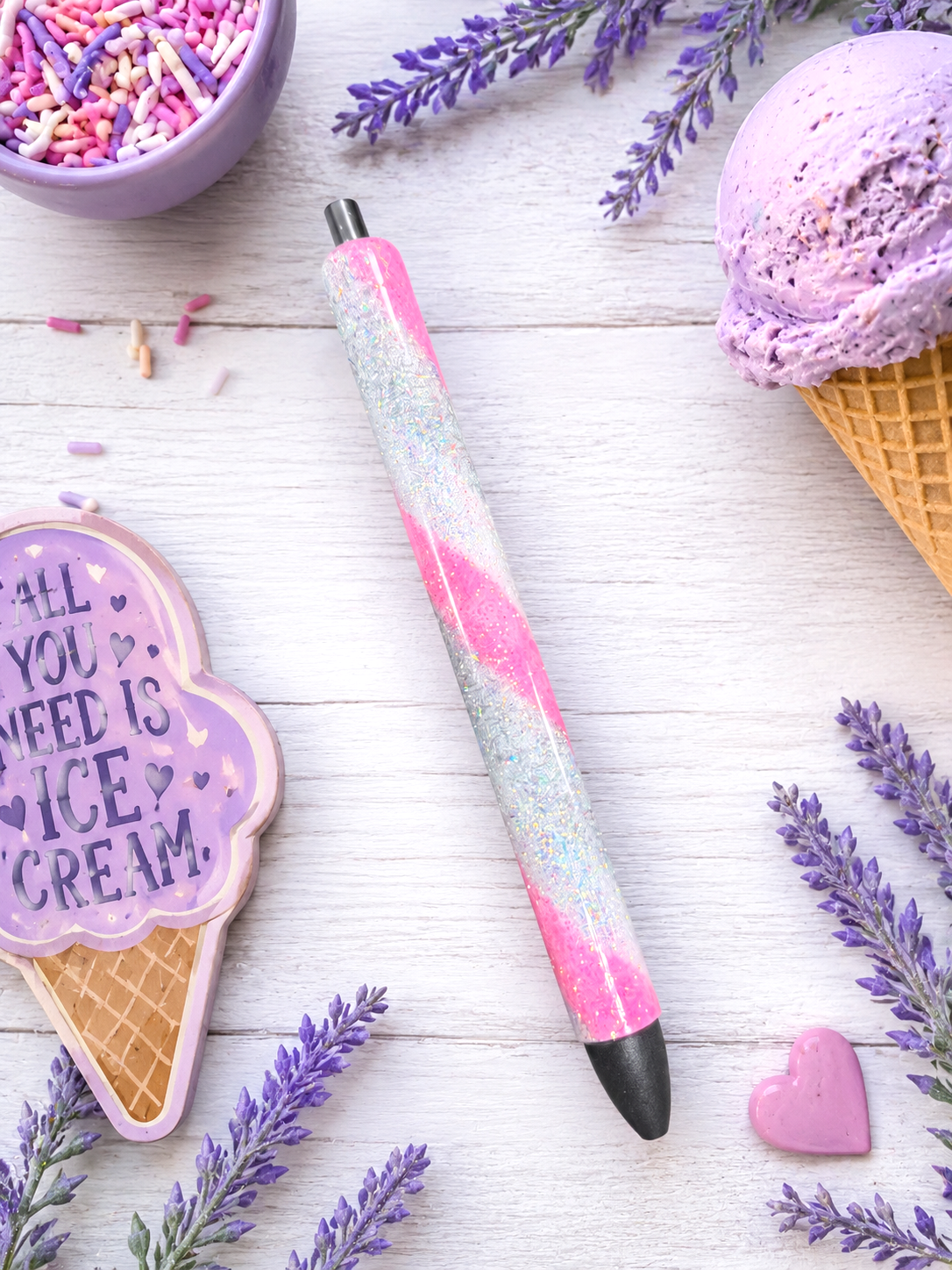 Handmade Silver White and Pink Swirl ombre glitter pen with free refill
