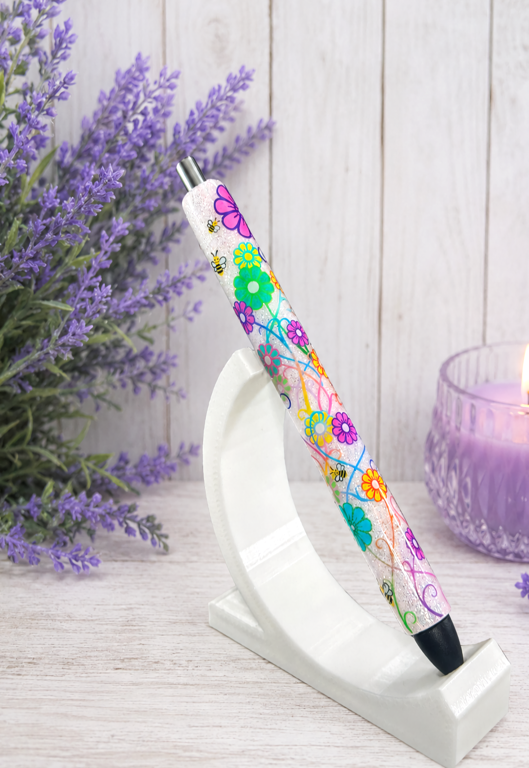Handmade Flowers and Bees glitter pen with free refill