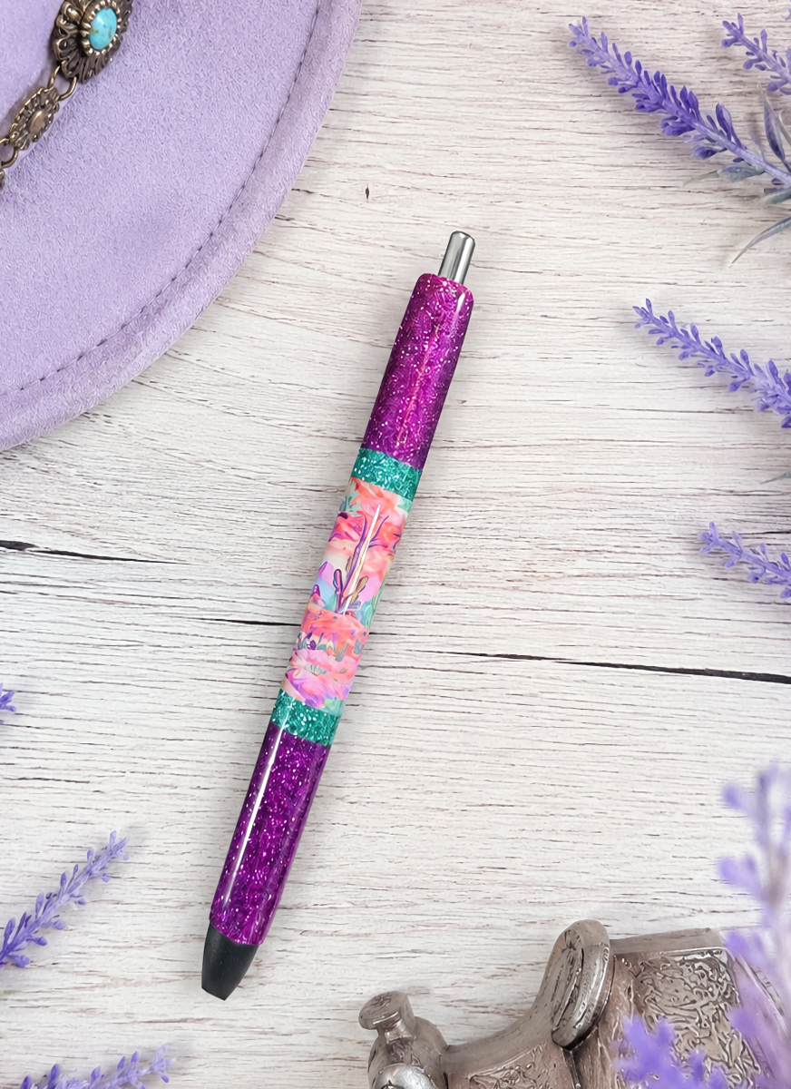 Handmade Vibrant Desert Scene on fucia glitter pen with free refill