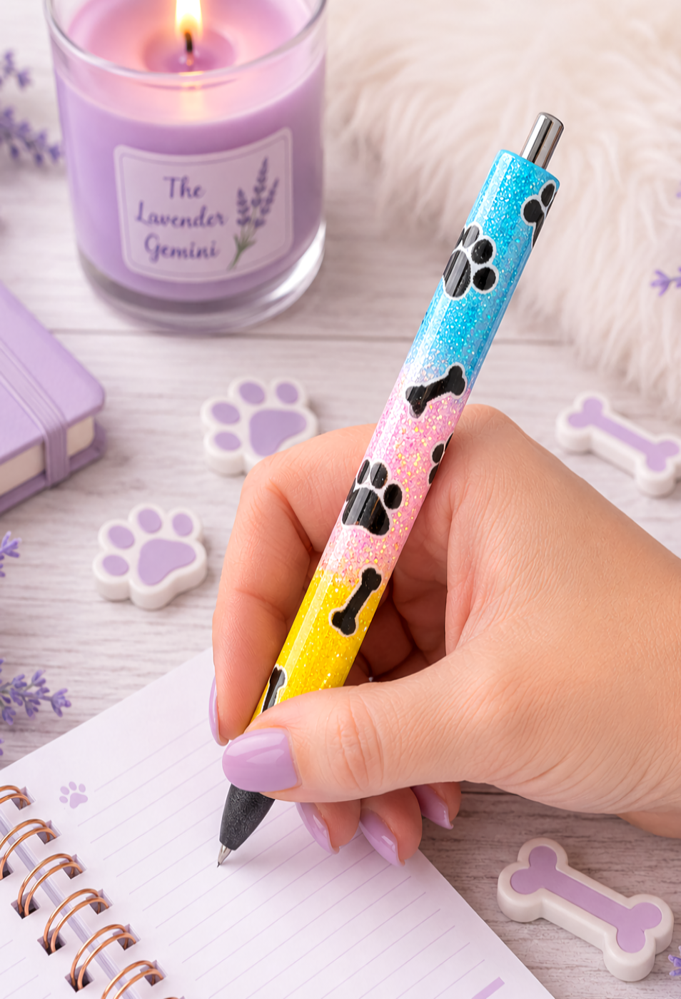 Handmade Dog Paws and Bones on Rainbow glitter pen with free refill