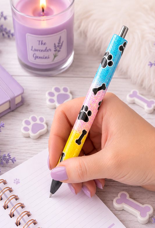 Handmade Dog Paws and Bones on Rainbow glitter pen with free refill