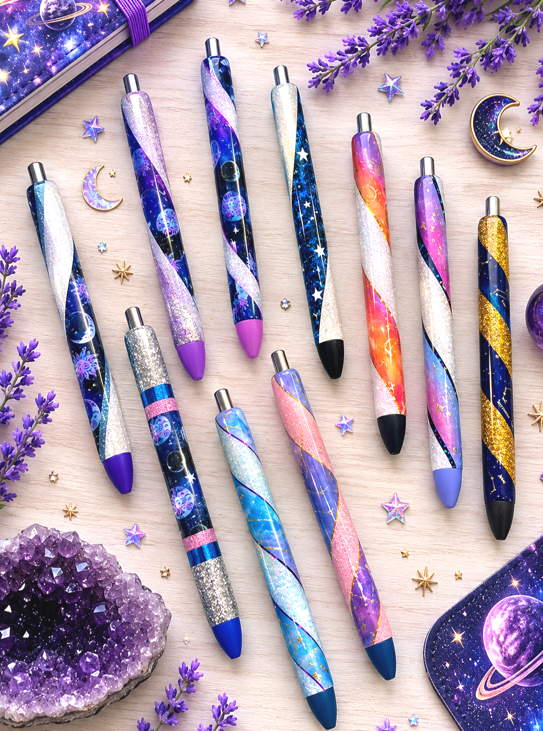 Handmade Moons and Stars horizontal on purple glitter pen with free refill