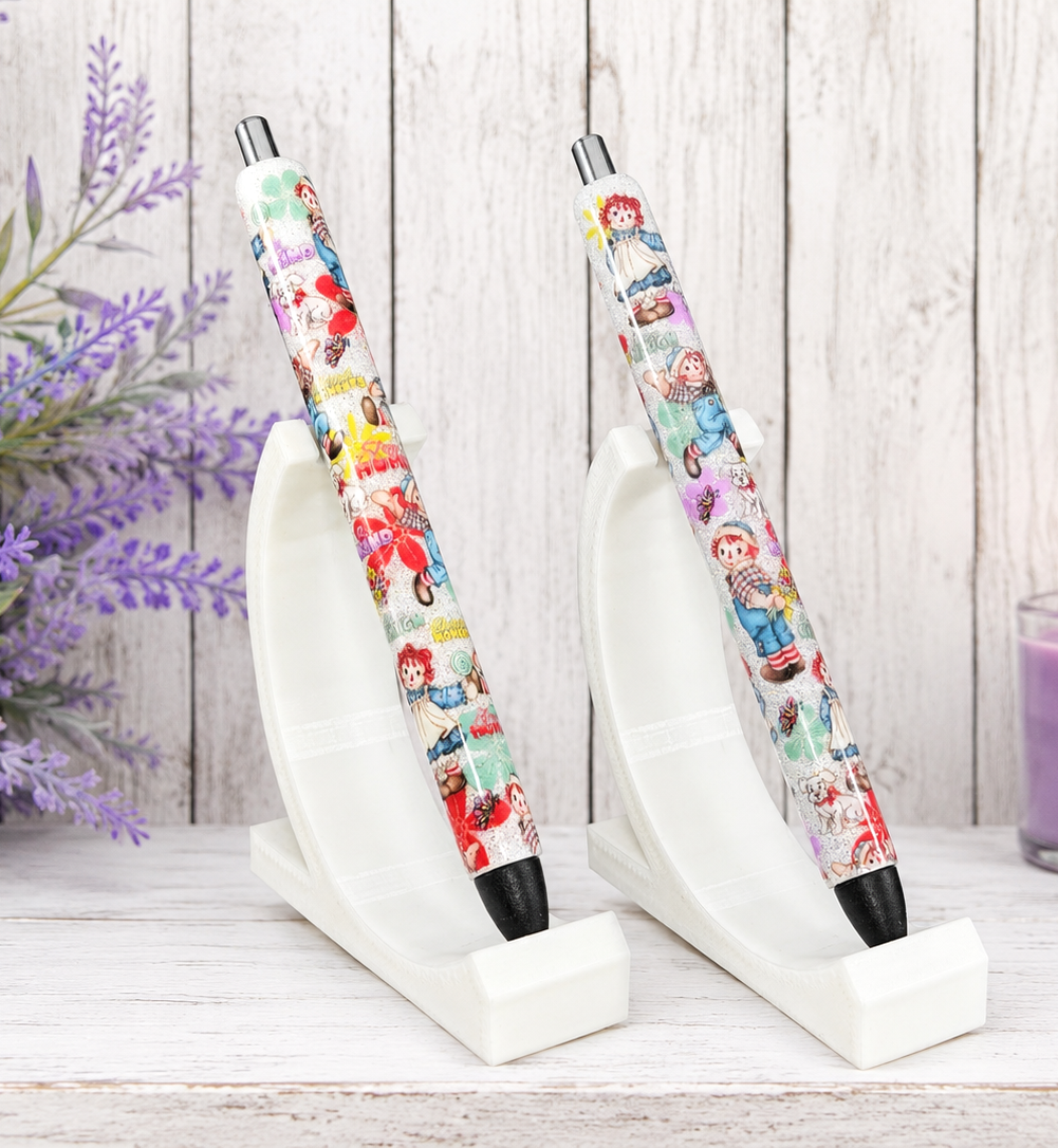 Handmade Raggedy Ann and Andy glitter pen with free refill