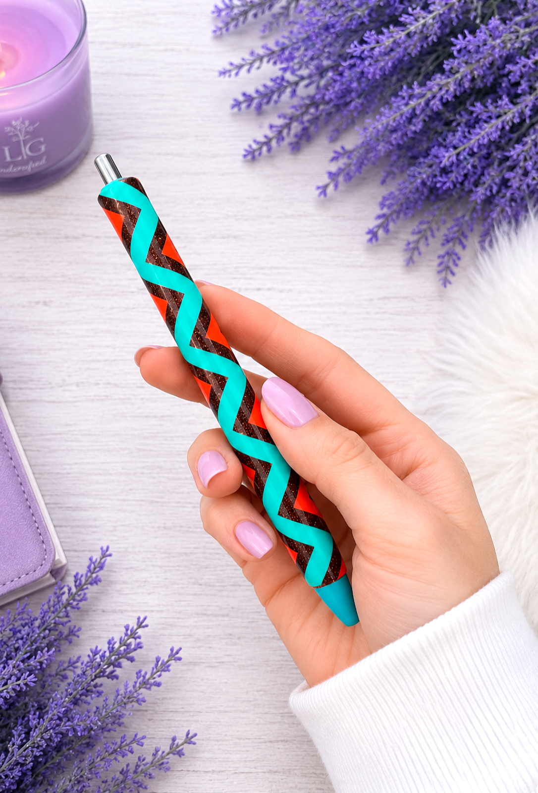 Handmade Orange and Turquoise Zig Zag glitter pen with free refill