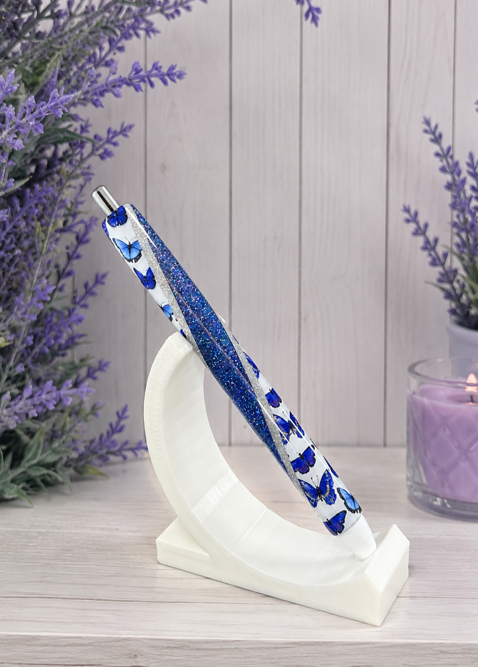 Handmade Blue Butterflies on navy blue glitter pen with free refill