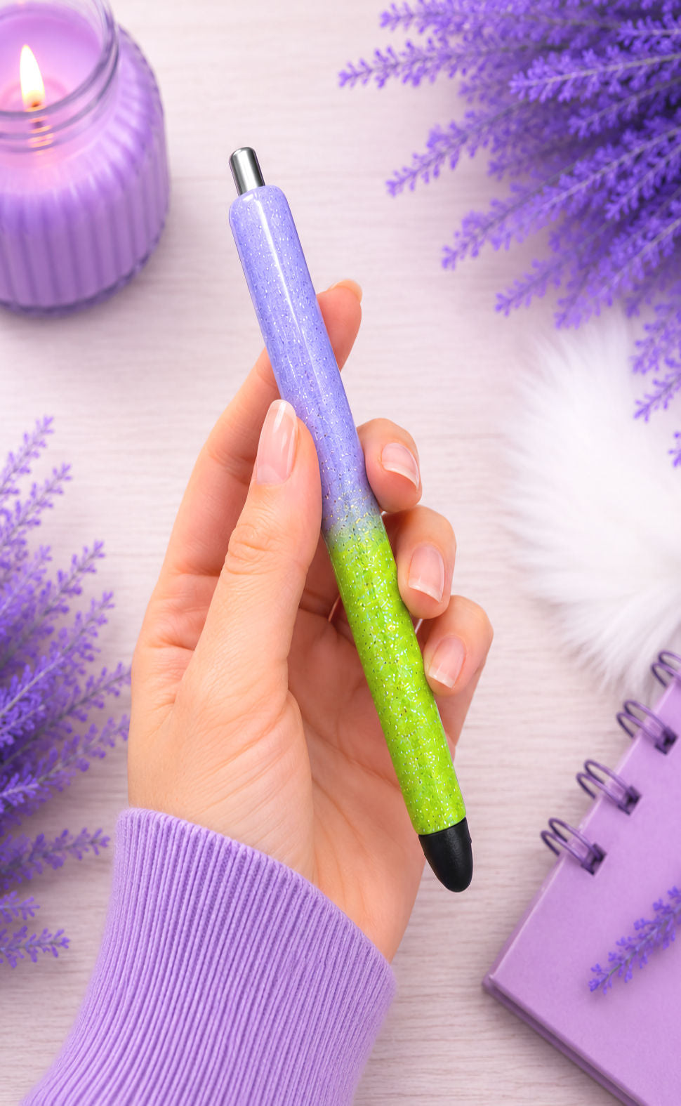 Handmade Lavender and Bright Green ombre glitter pen with free refill