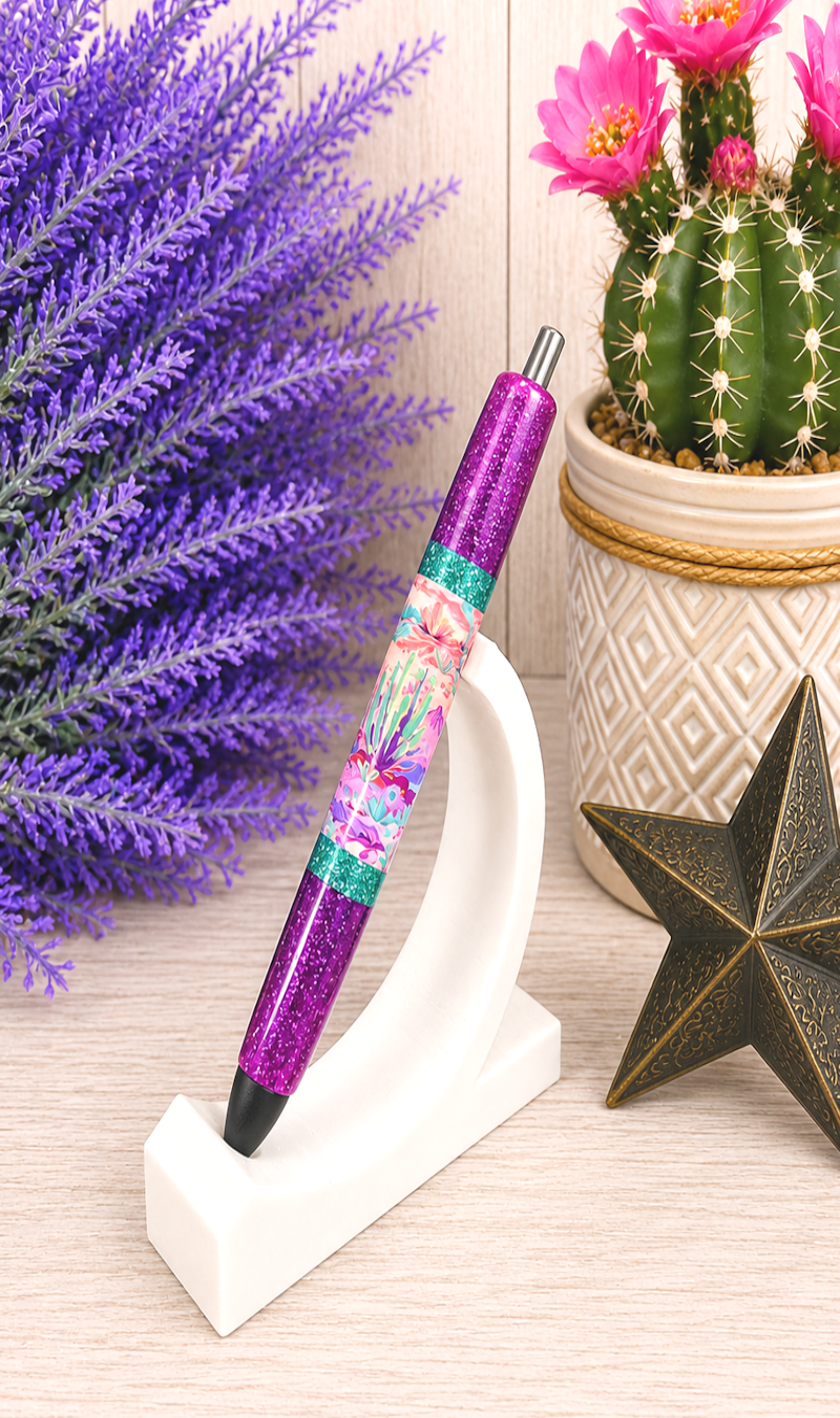 Handmade Vibrant Desert Scene on fucia glitter pen with free refill