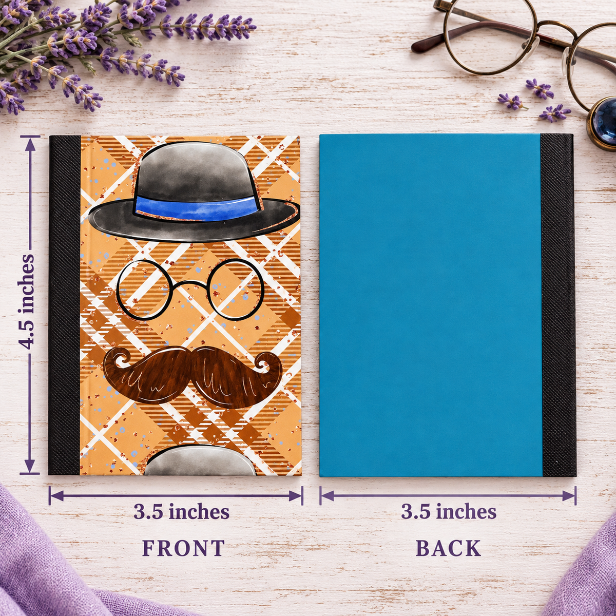 Decorative Vinyl Covered MINIATURE Composition Notebook Plaid Hat and Mustache