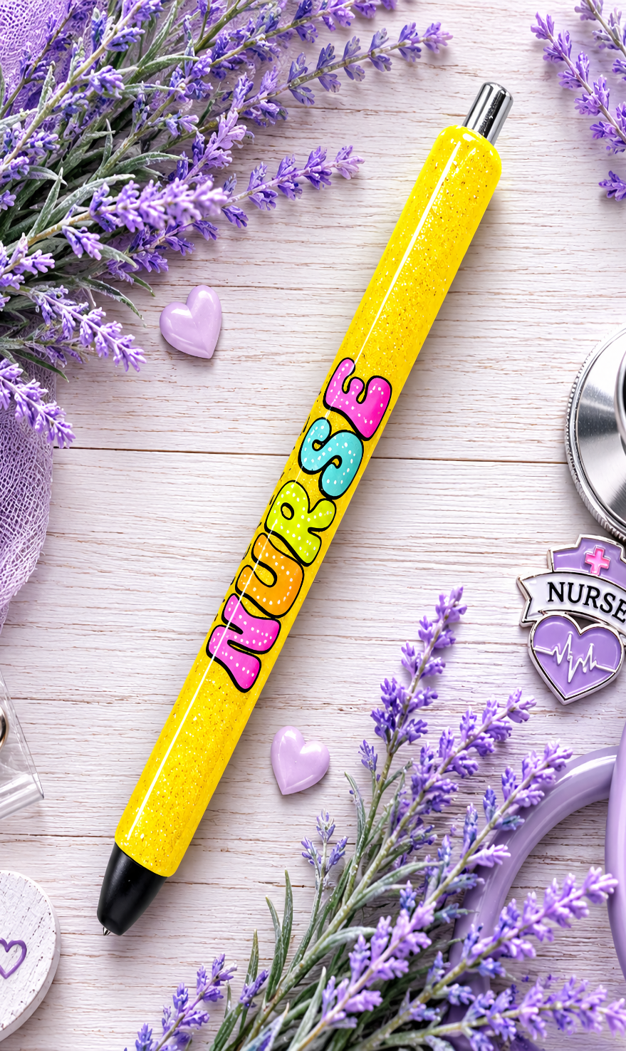 Handmade Nurse on yellow glitter pen with free refill