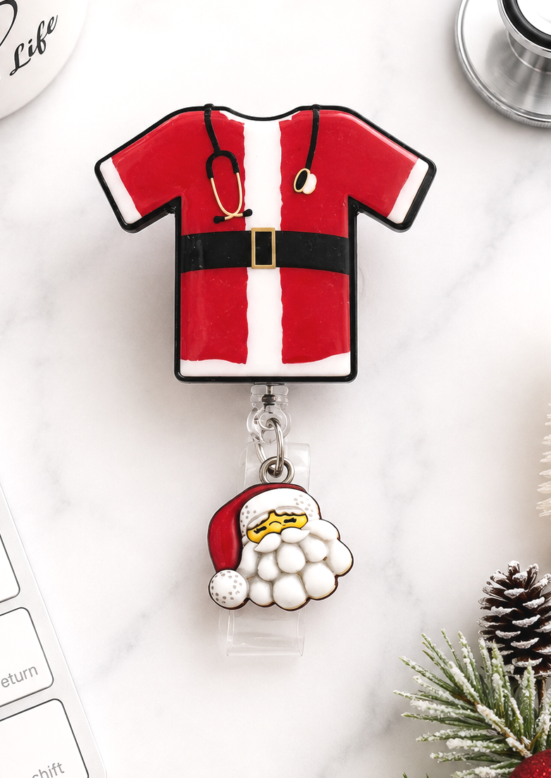 Handmade Santa Scrub Top Badge Reel