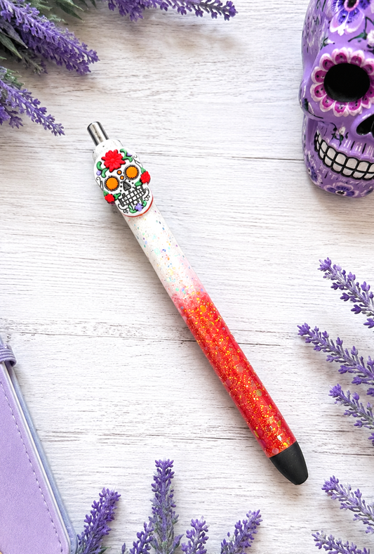 Handmade Halloween Sugar Skill on orange and white glitter pen  with free refill