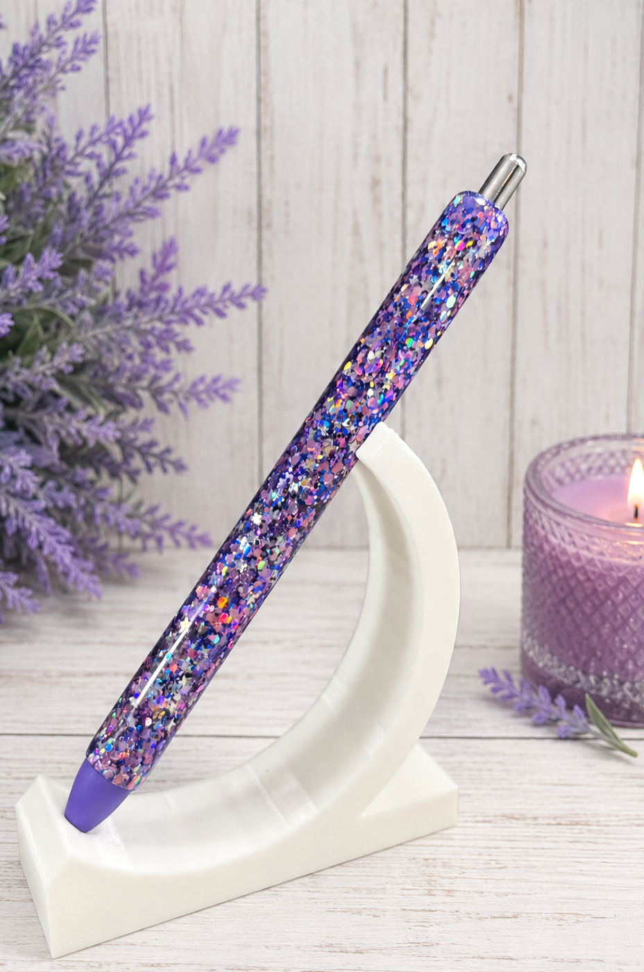 Handmade Purples and Stars chunky glitter pen with free refill