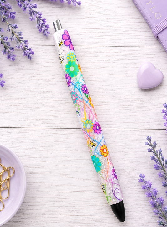 Handmade Flowers and Bees glitter pen with free refill
